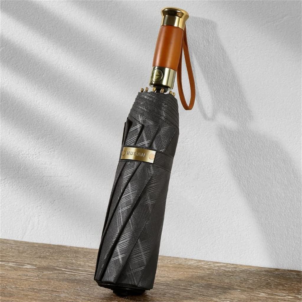 LEIGE Large Automatic 3-Fold Business Umbrella for Men & Women - Wooden Handle Sun & Rain Protection Umbrella (Black) - Perfect for Office Commute, Outdoor Events & Travel Accessories