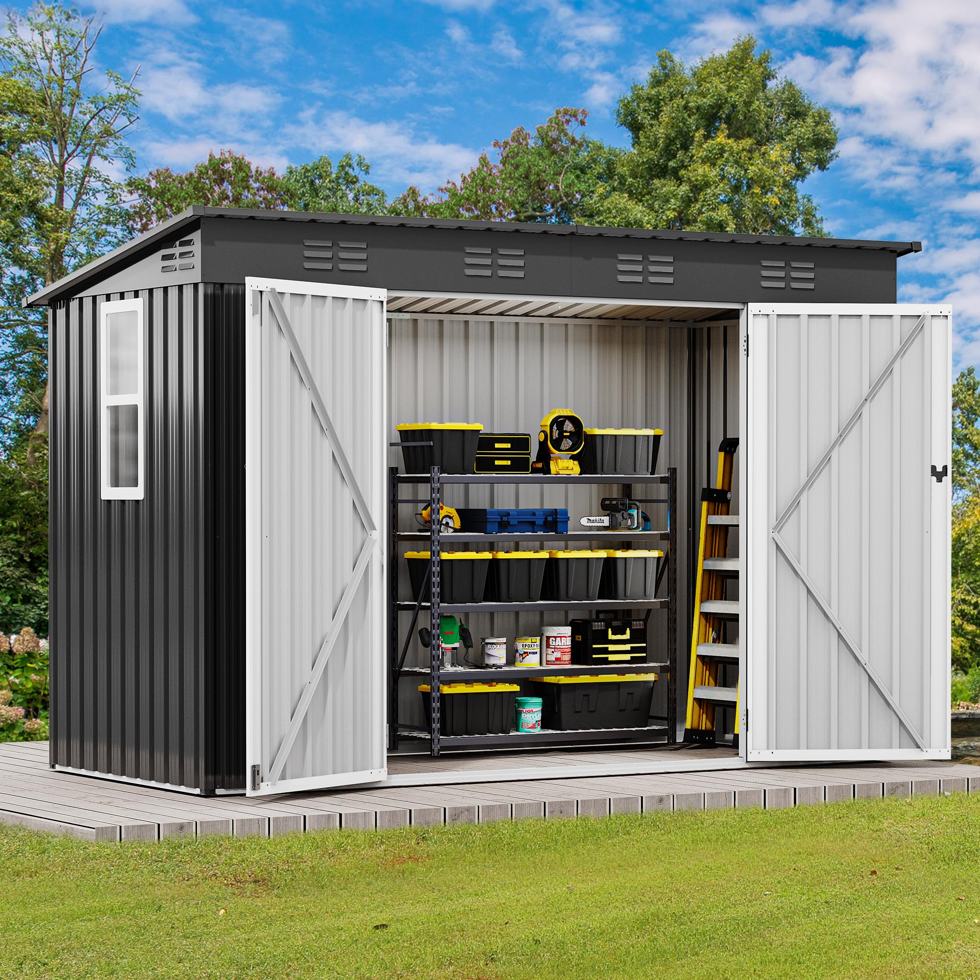 DWVO 9.1x4.2ft Large Outdoor Storage Shed with Window & Lockable Doors - Heavy-Duty Steel Garden Shed with Sloped Roof for Patio, Garage, Backyard, Lawn & Yard Organization (Dark Gray) - Perfect for Storing Tools, Equipment & Seasonal Items