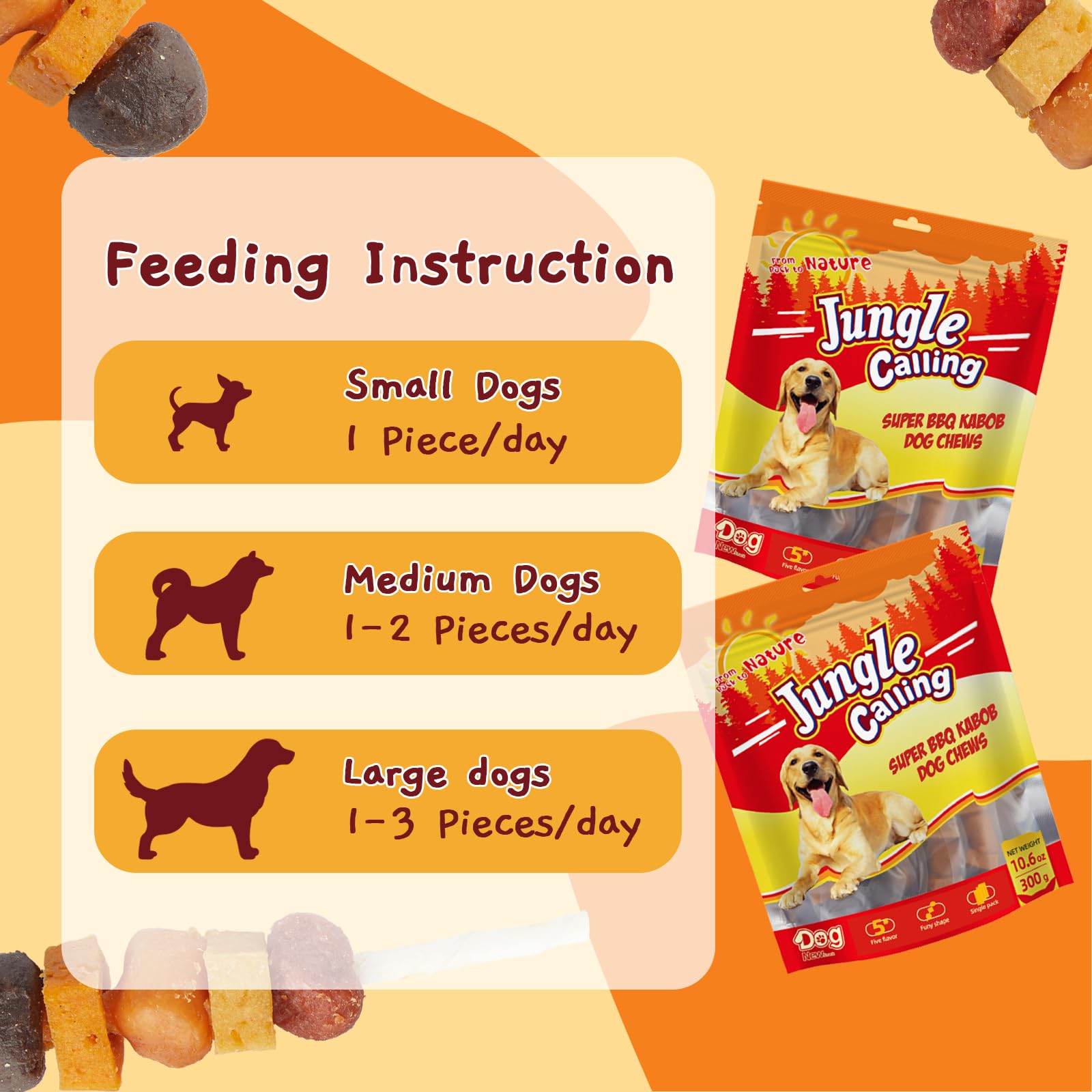 Jungle Calling Dog Kabob Treats - Chicken, Duck, Beef Flavors for Training & Play