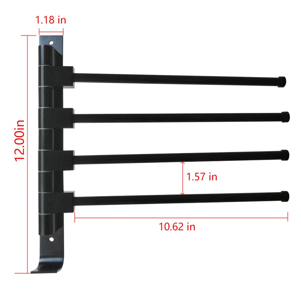 4-Arm Black Wall Mounted Swing Out Towel Rack with Hooks - Space Saving Bathroom Towel Holder for Showers, Laundry Rooms & Small Spaces