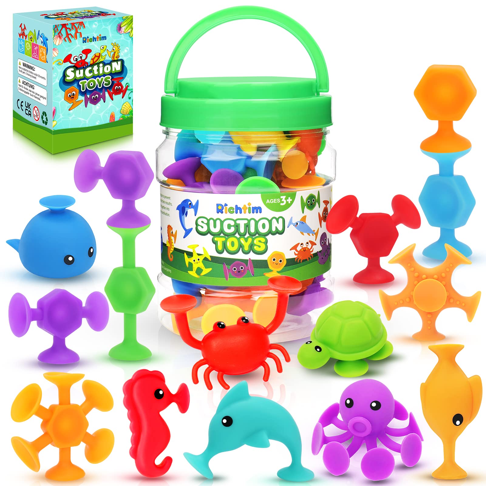 24-Piece Silicone Ocean Animal Suction Bath Toys for Kids - Sensory Window Toys with Storage Bag, Perfect for Toddlers, Indoor & Outdoor Play, Travel, Autism Therapy, and Party Favors | Fun Bathtime & Sensory Play Activity