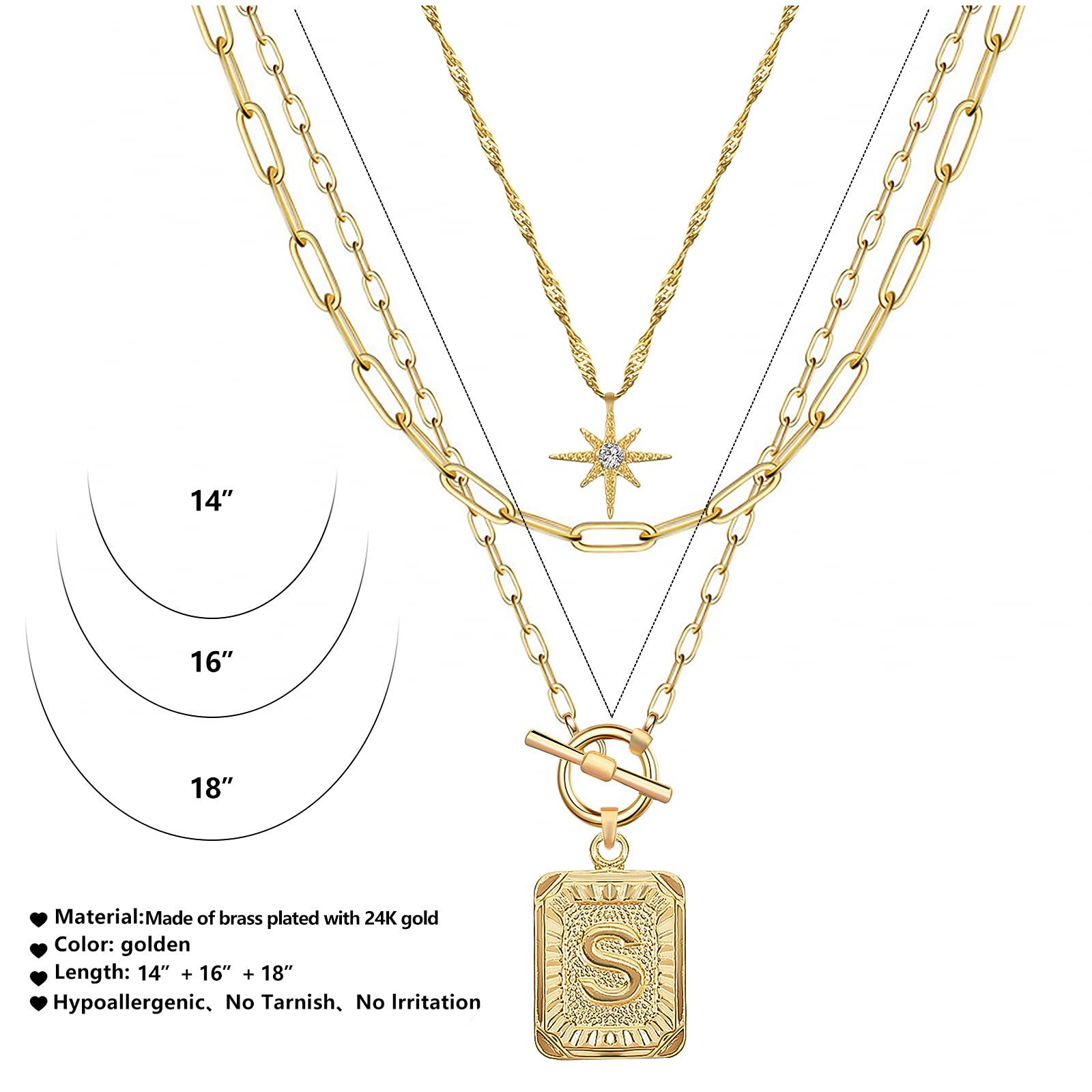 MJartoria 14K Gold Plated Initial Necklace for Women - Trendy Layered Star Choker with Square Letter Pendant & Paperclip Chain - Elegant Gold Jewelry Gift for Her - Perfect for Date Nights, Anniversaries and Birthday Gifts