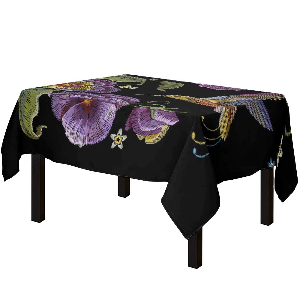 Yun Nist Hummingbird Violet Flower Cotton Linen Tablecloth - Rectangle Dining Table Cover with Embroidery Style, Perfect for Kitchen, Dining Room, and Outdoor Gatherings