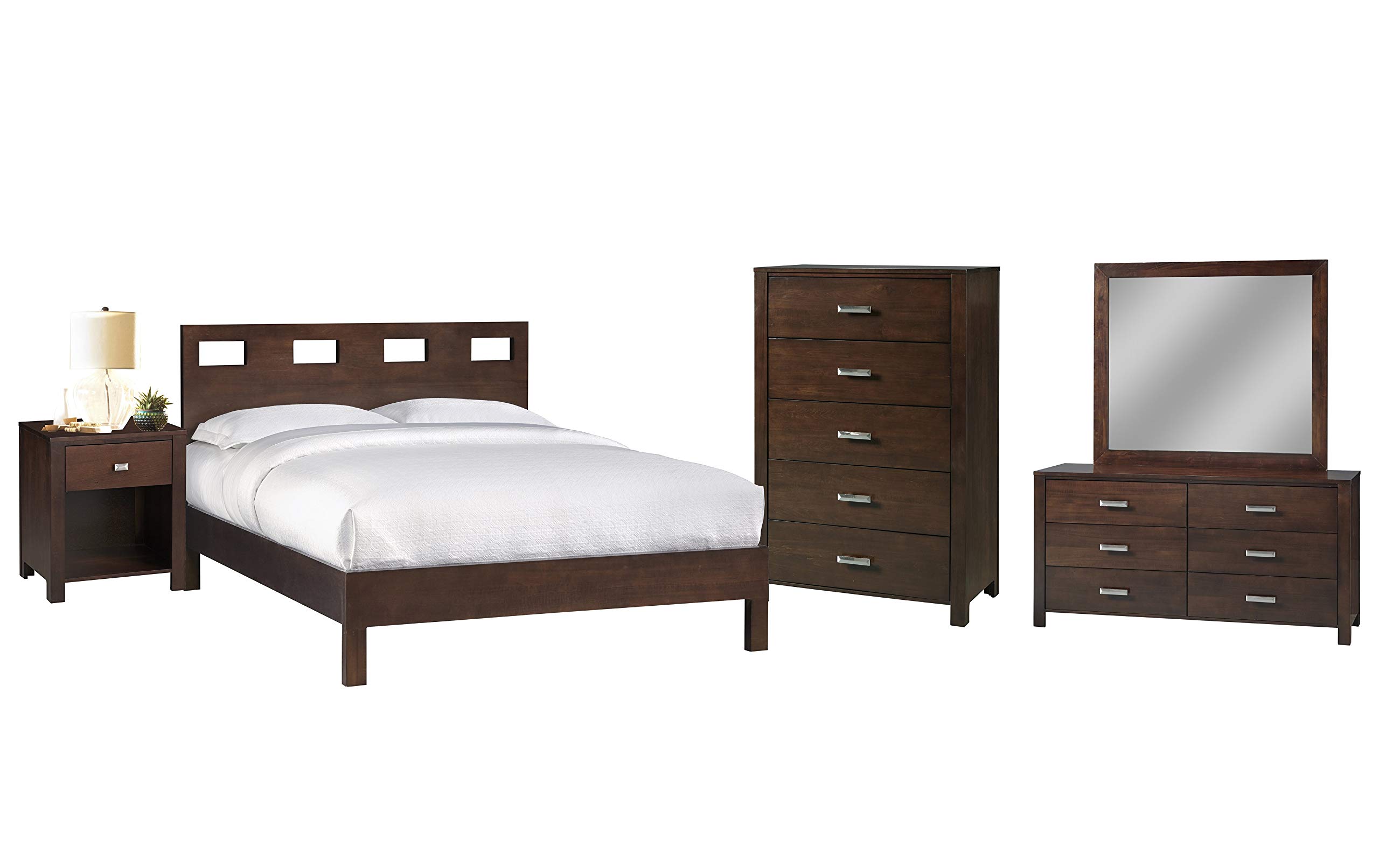 Ranshaw 5-Piece King Platform Bed Set with Nightstand, Dresser, Mirror & Chest in Mocha Brown Mahogany - Modern Bedroom Furniture for Master Suite & Guest Room