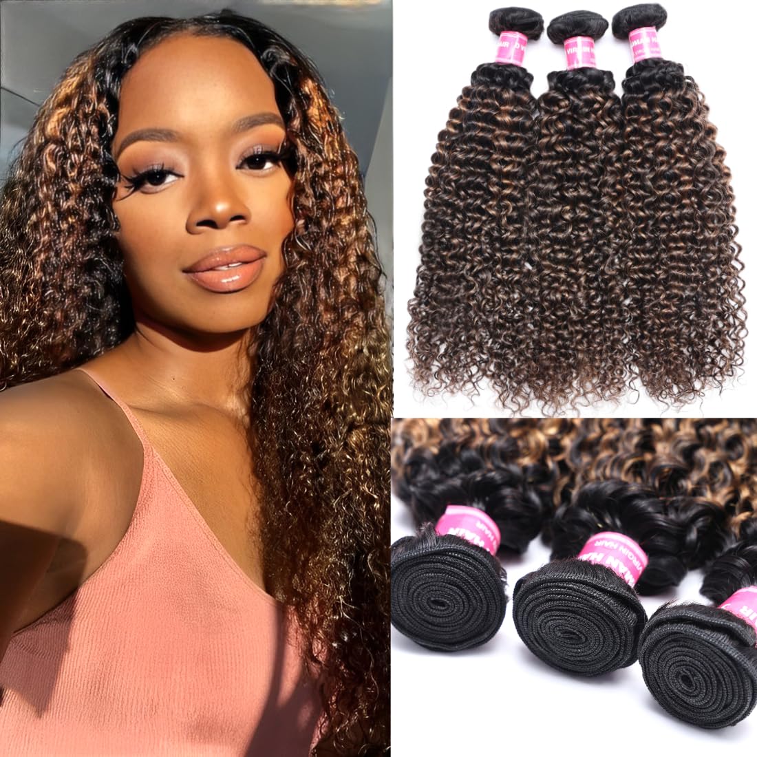 UNICE 16/18/20 Inch Brown Highlight Deep Curly Brazilian Remy Human Hair Weave Bundles - Ombre Blonde with Dark Roots for Sew-In & Wig Making (FB30 Color) | Perfect for Parties, Weddings & Daily Styling