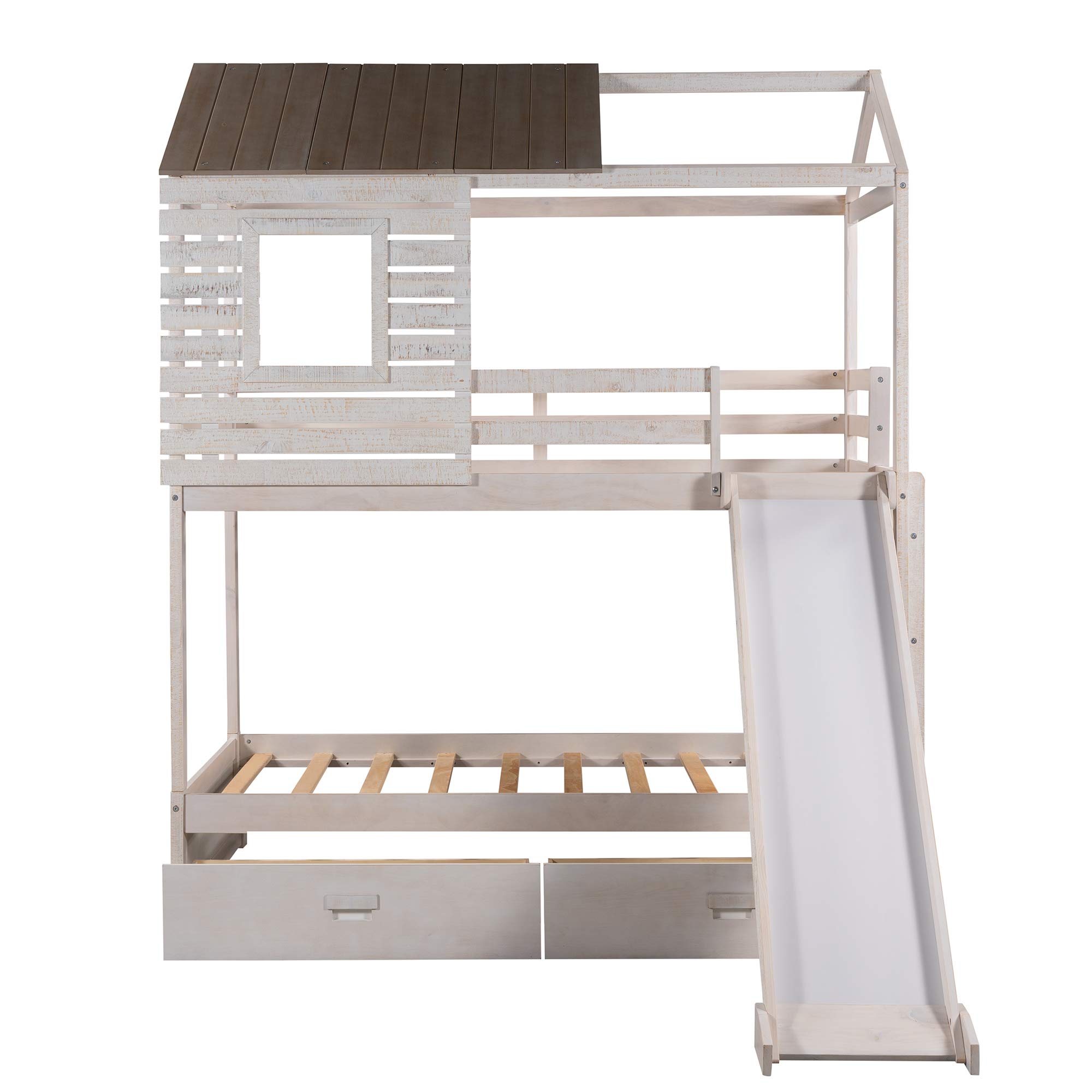 Twin Over Twin Bunk Bed with Roof, Window & Slide for Kids & Teens - Low Toddler Wooden Bunk Bed with 2 Storage Drawers, No Box Spring Needed - Perfect for Small Bedrooms, Playrooms & Sleepovers