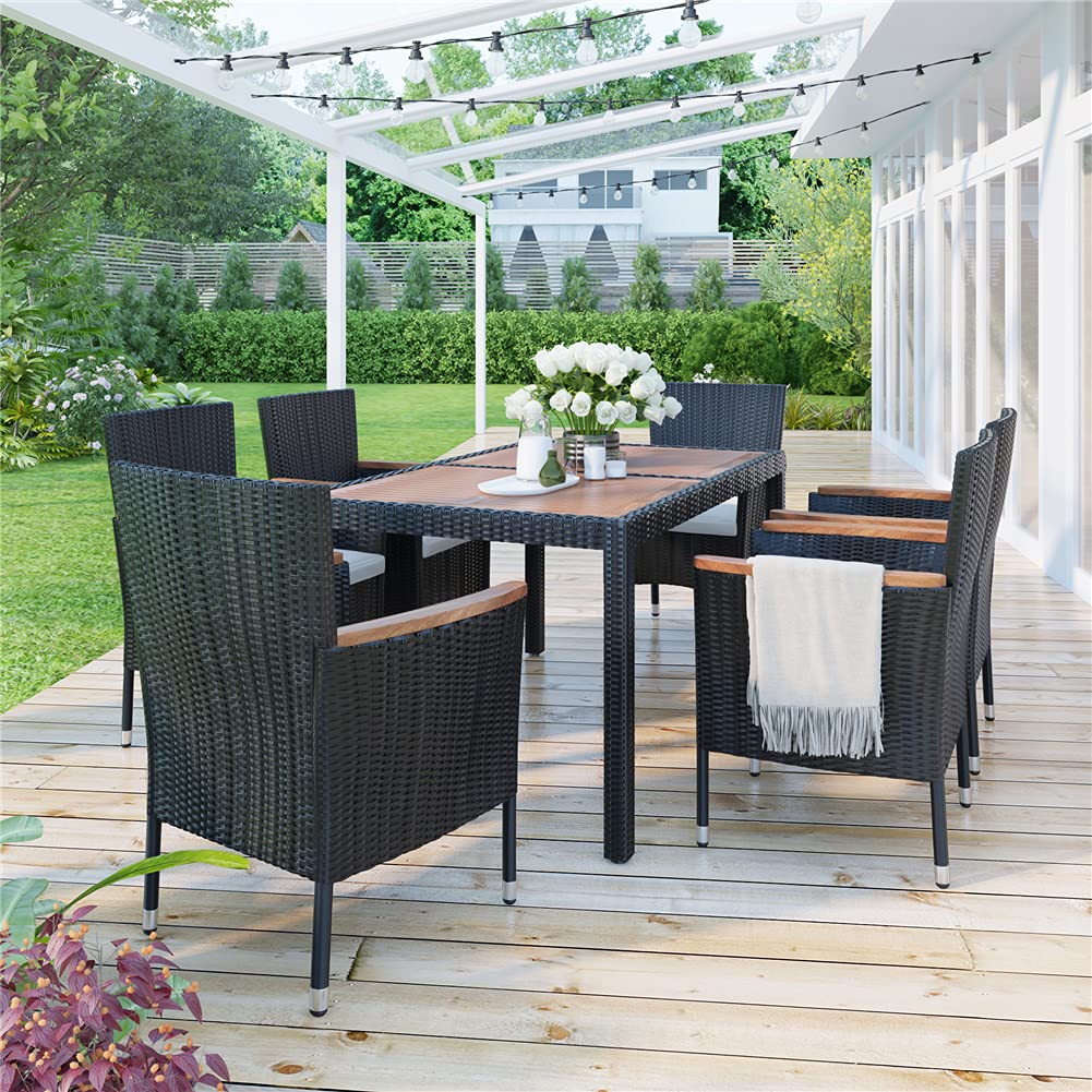 7-Piece Outdoor Sectional Conversation Set with Soft Cushions & Acacia Wood Table - Patio Wicker Furniture Set with Stackable Armrest Chairs - Perfect for Backyard, Garden, Poolside & Outdoor Entertaining