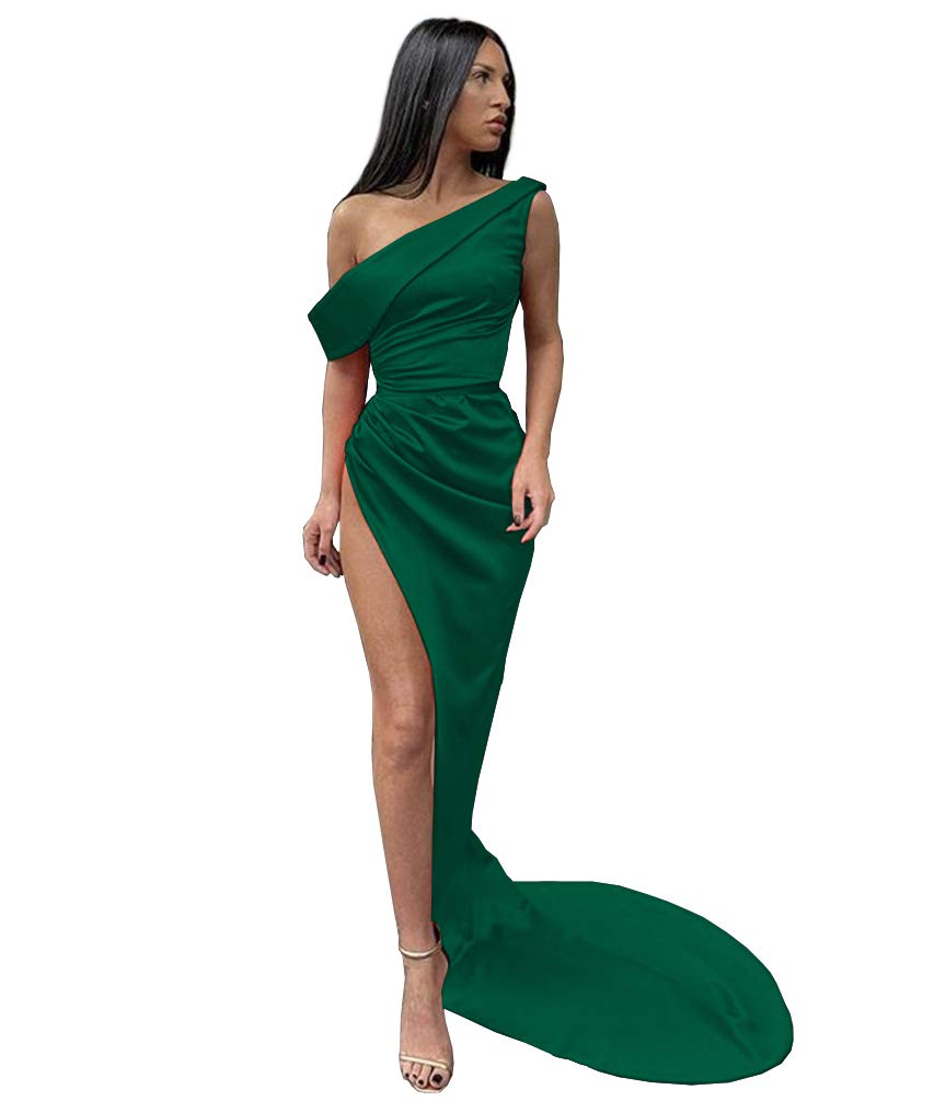 Elegant One Shoulder Mermaid Prom Dress with High Slit & Train - Formal Evening Gown for Women | Perfect for Homecoming, Wedding Guest, Red Carpet & Special Occasions