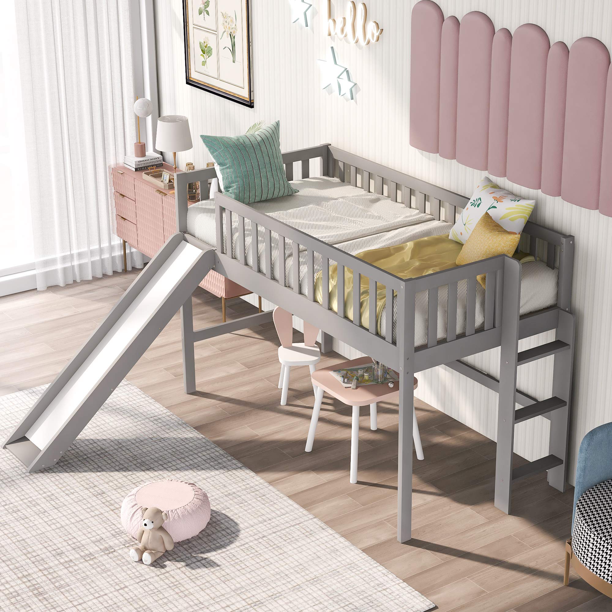 Twin Size Wooden Loft Bed with Slide - Low Loft Bed Frame for Kids, Girls & Boys (Gray) | Perfect for Small Bedrooms, Playrooms & Kids' Sleepovers