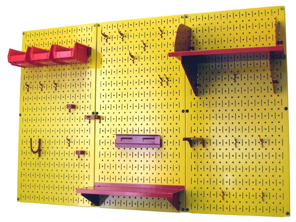 Wall Control 4 ft. Metal Pegboard Organizer - Heavy Duty Tool Storage Kit with Yellow Toolboard & Red Accessories | Garage Workshop, Tool Shed, Craft Room Organization Solution