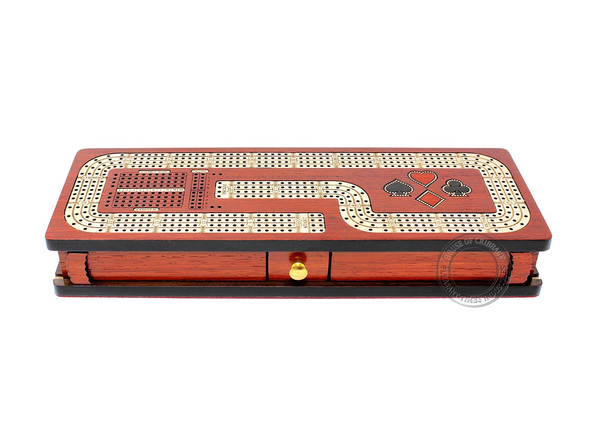 Premium Continuous Cribbage Board with 4 Tracks - Blood Wood & Maple Inlaid Game Box with Storage Drawer for Cards & Pegs | Perfect for Family Game Nights, Travel, and Competitive Cribbage Tournaments