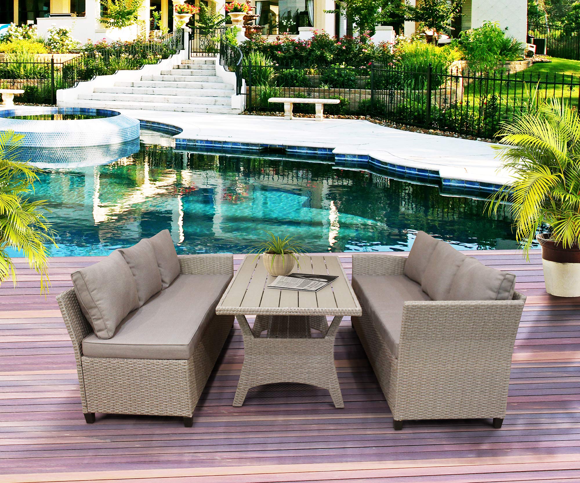 COLOR LIFE All-Weather PE Rattan Outdoor Patio Furniture Set - Brown Wicker Sectional Sofa with Cushions & Dining Table | Perfect for Garden, Poolside, and Backyard Relaxation