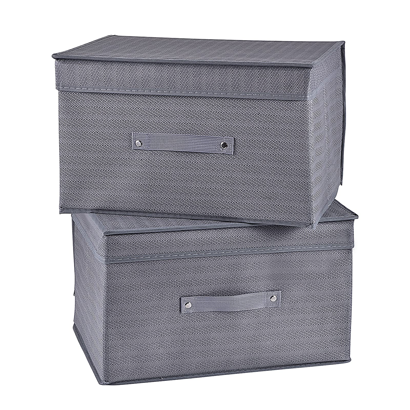 Foldable Storage Bins 2-Pack with Lids & Handles - Cotton Linen Storage Boxes for Toys, Clothes, Books | Space-Saving Organizer for Home, Office, Nursery & Closet (Grey Twill)