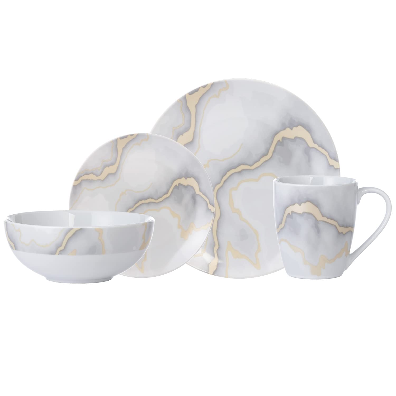 Safdie & Co. 16-Piece Electric Marble Dinnerware Set - Porcelain Plates, Bowls & Mugs for 4 - Modern Fiesta Dinnerware for Home & Entertaining - 16