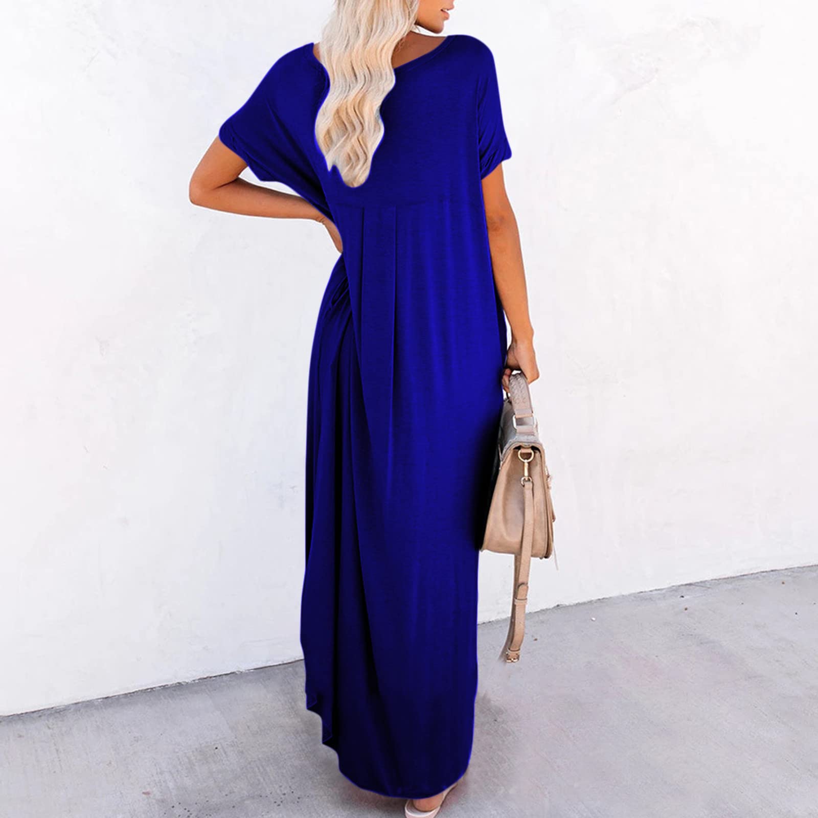 Women's Summer Maxi Dress - Casual V-Neck Short Sleeve T-Shirt Dress in Solid & Striped Patterns | Sexy High Slit Beach Swing Dress for Vacation, Pool Party, and Outdoor Date Night