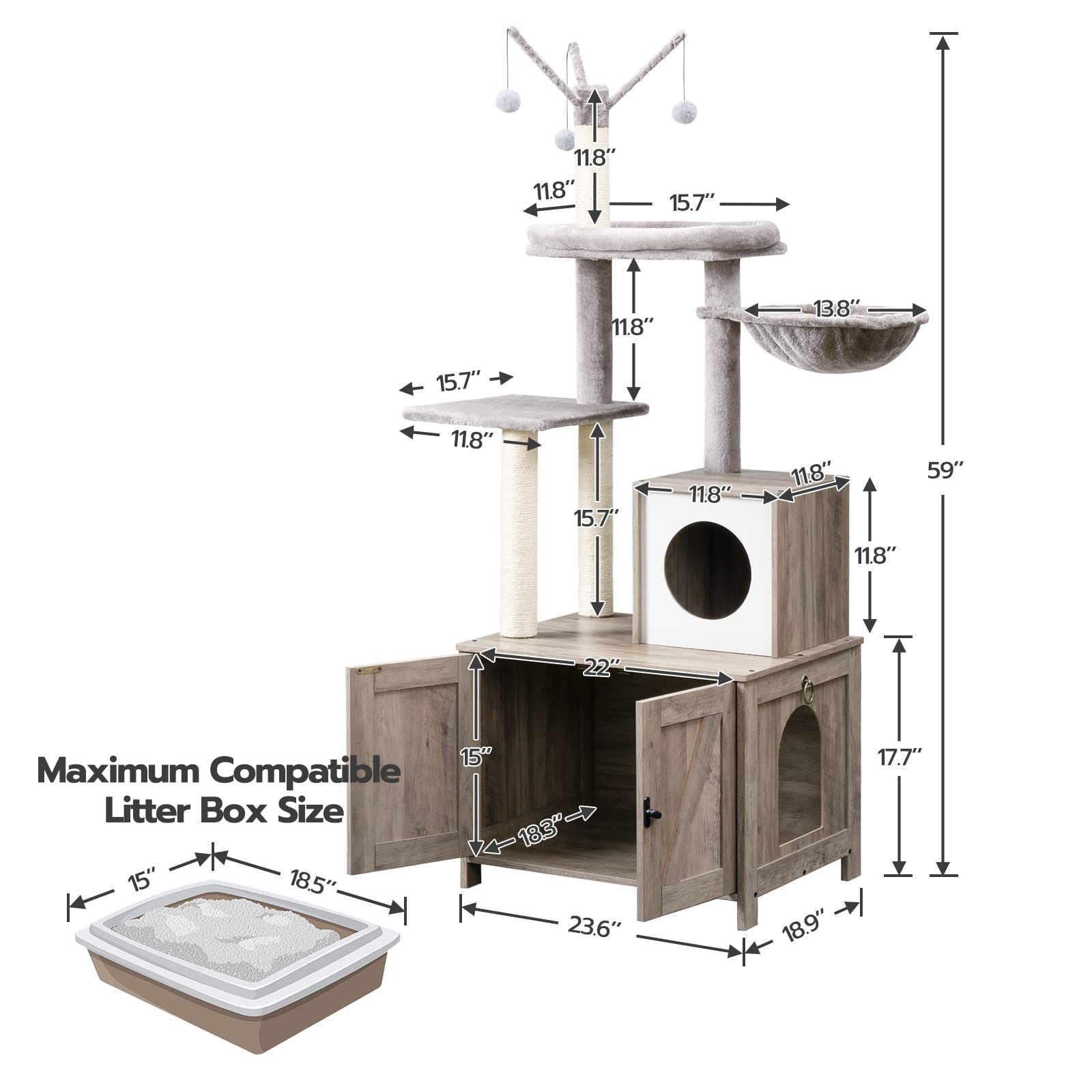 HOOBRO Wooden Cat Tree Tower with Litter Box Enclosure - All-in-One Indoor Cat Furniture with Scratching Posts, Hidden Litter Box & Cat House - Perfect for Small Spaces & Multi-Cat Homes (Greige BG15MZ03) | Ideal for Apartments, Living Rooms & Pet-Friendly Spaces