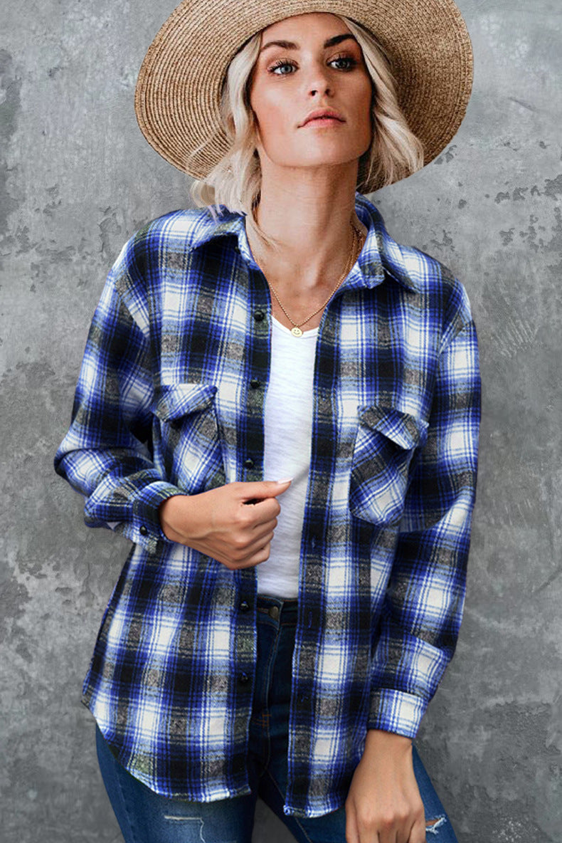Women's Plaid Shirt Spring Loose Fit Mid-Length Blouse with Turndown Collar - Casual Outfit for Work, Dating & Everyday Wear