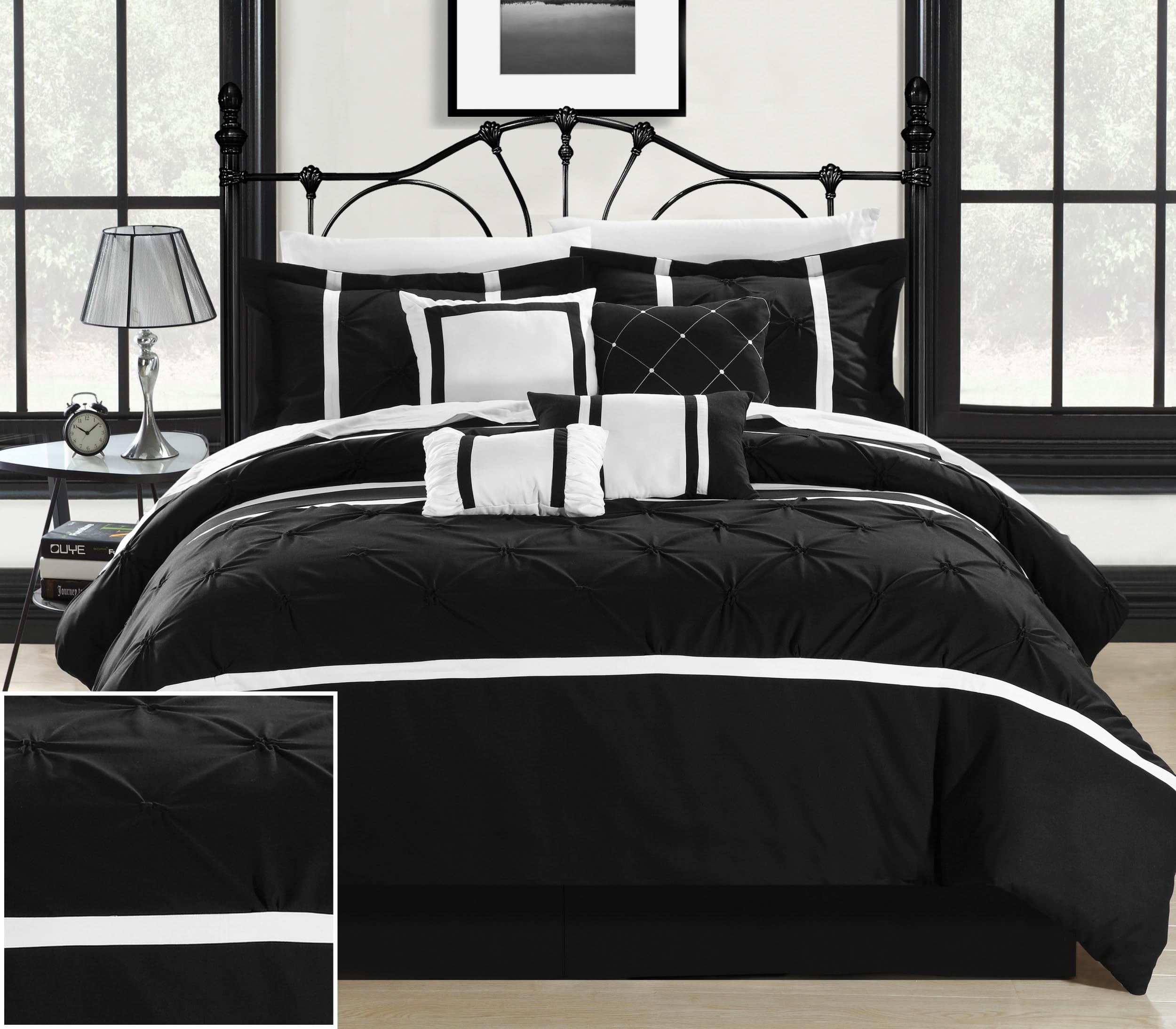 Vermont Pinch Pleat Microfiber 8-Piece Queen Size Bed in a Bag Set - Black Chic Home Comforter, Shams, Bed Skirt & Pillows | Luxury Bedroom Decor for Modern Homes & Guest Rooms