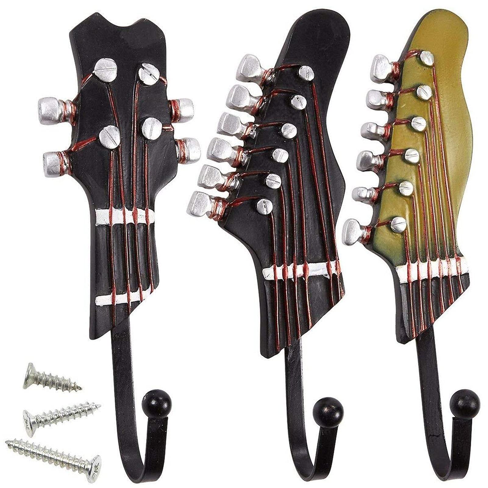 Vintage Guitar Shaped Wall Hooks - Heavy Duty Metal Resin Coat Hangers for Clothes, Towels, Keys & Hats (3-Pack) - Perfect for Bedroom, Bathroom & Entryway Organization