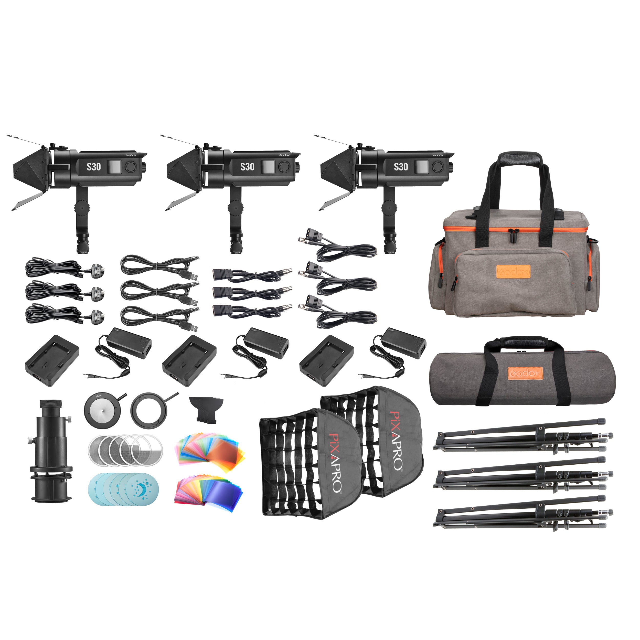 Godox S30 3-Head LED Video Light Kit with Stands & Accessories - Perfect for YouTube, Photography, and Studio Lighting