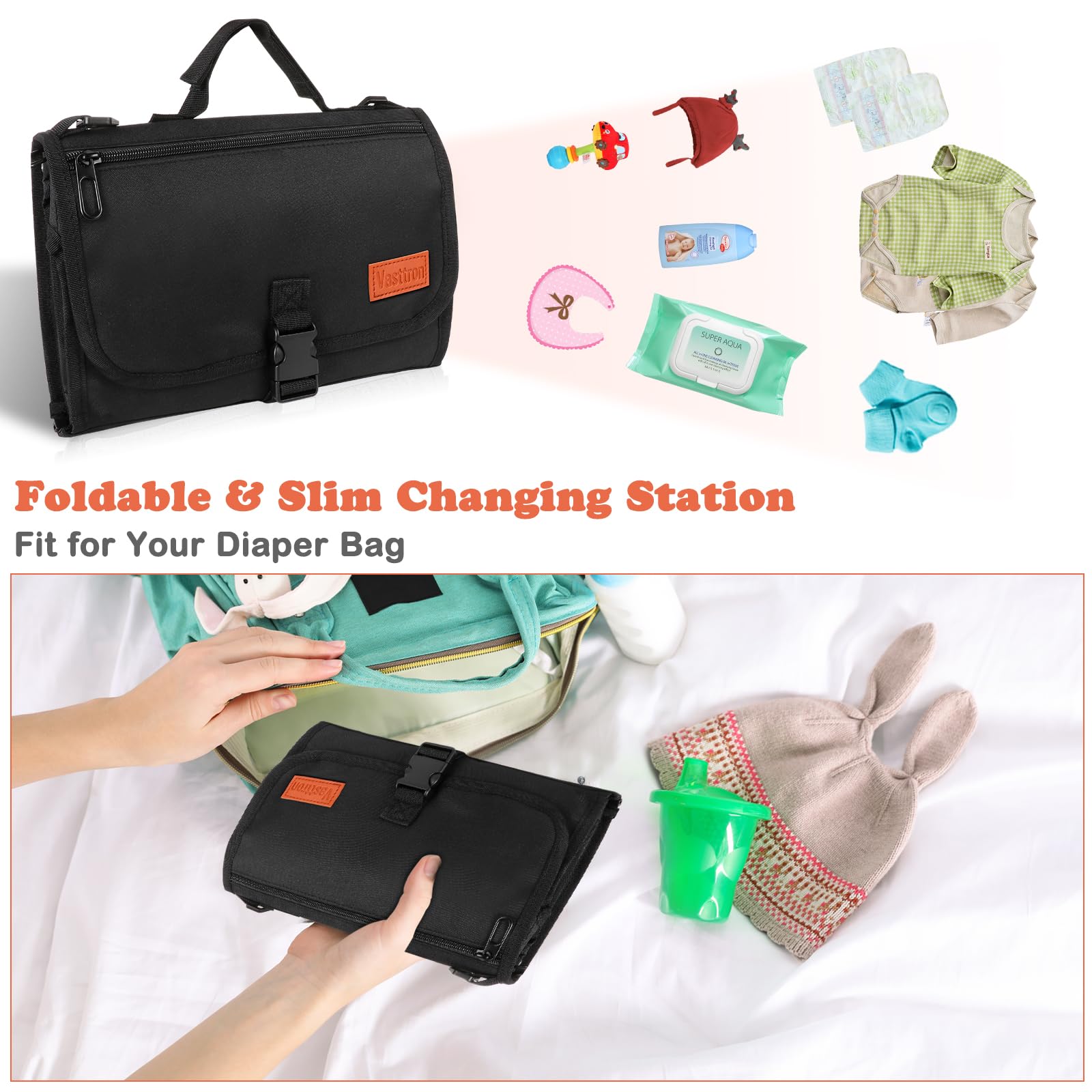 Portable Waterproof Baby Diaper Changing Pad with Smart Wipes Pocket - Travel Changing Mat for Newborns & Infants (Black) | Ideal for On-the-Go Parents, Baby Showers, Daycare & Travel Essentials