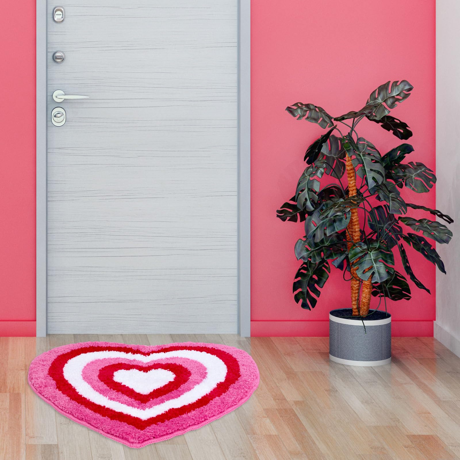 Valentine's Day Heart Shaped Bath Rug - Non-Slip Tufted Shower Mat for Bathroom, Front Door, Kitchen, Bedroom & Living Room Decor - Soft Red Pink Carpet Floor Mat for Romantic Home Decor & Gift Ideas