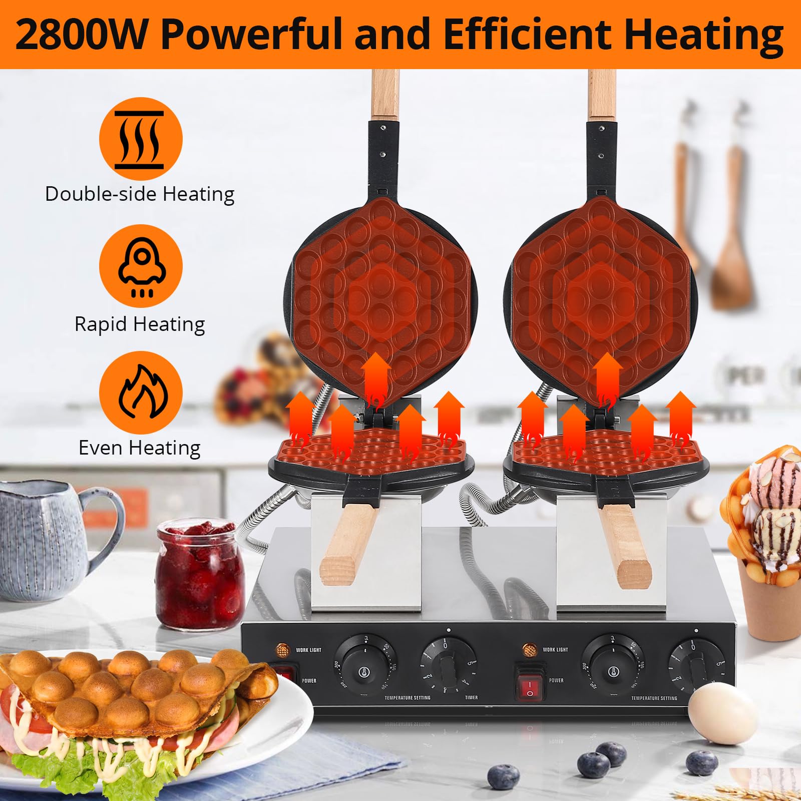 2800W Electric Bubble Waffle Maker Machine - Non-Stick Egg Waffle Baker for Home & Commercial Use - Perfect for Breakfast, Desserts, and Street Food Business