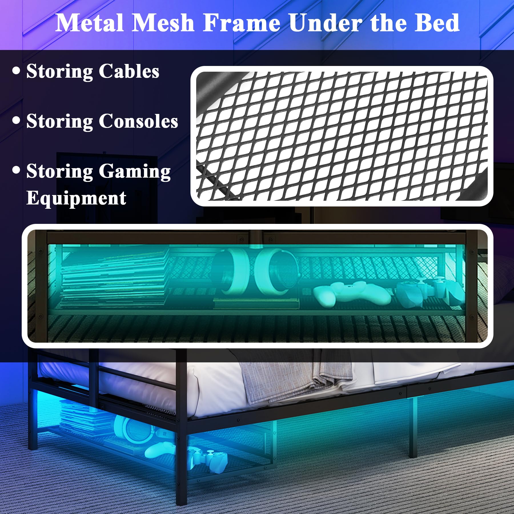 Black Metal Gaming Bed Frame with TV Mount & LED Lights - Twin Size Gamer Bed for Teen Boys - Perfect Gift for Gaming Enthusiasts with Storage Space - Ideal for Gaming Rooms & Teen Bedrooms