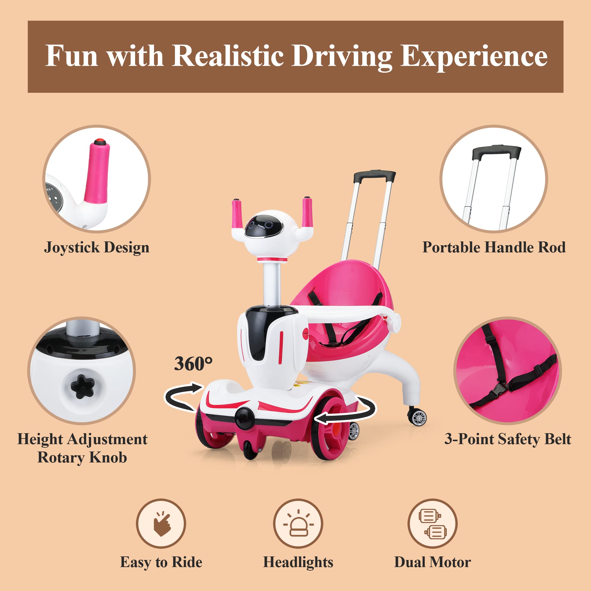 TOBBI Kids 3-in-1 Electric Robot Buggy Toy - Remote Control Ride On Car & Scooter for Toddlers with Speed Adjustment & Safety Stop - Convertible Push Buggy, Electric Car & Scooter (Pink & White) - Perfect for Indoor Play, Outdoor Adventures & Birthday Gifts