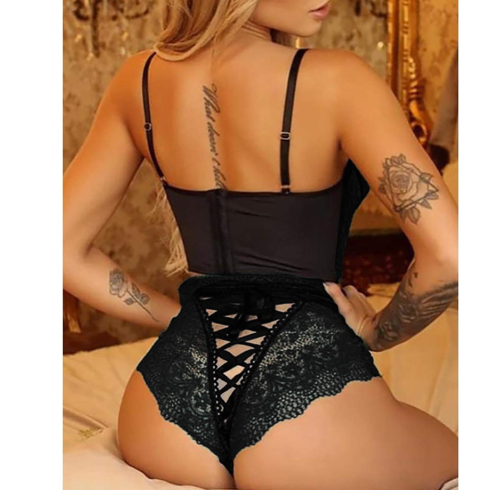 Wireless Lace Bra and Thong Set for Women - Sexy Lingerie Underwear with Hollow Bandage Design (Black, XXXL) - Perfect for Valentine's Day, Honeymoon or Special Occasions