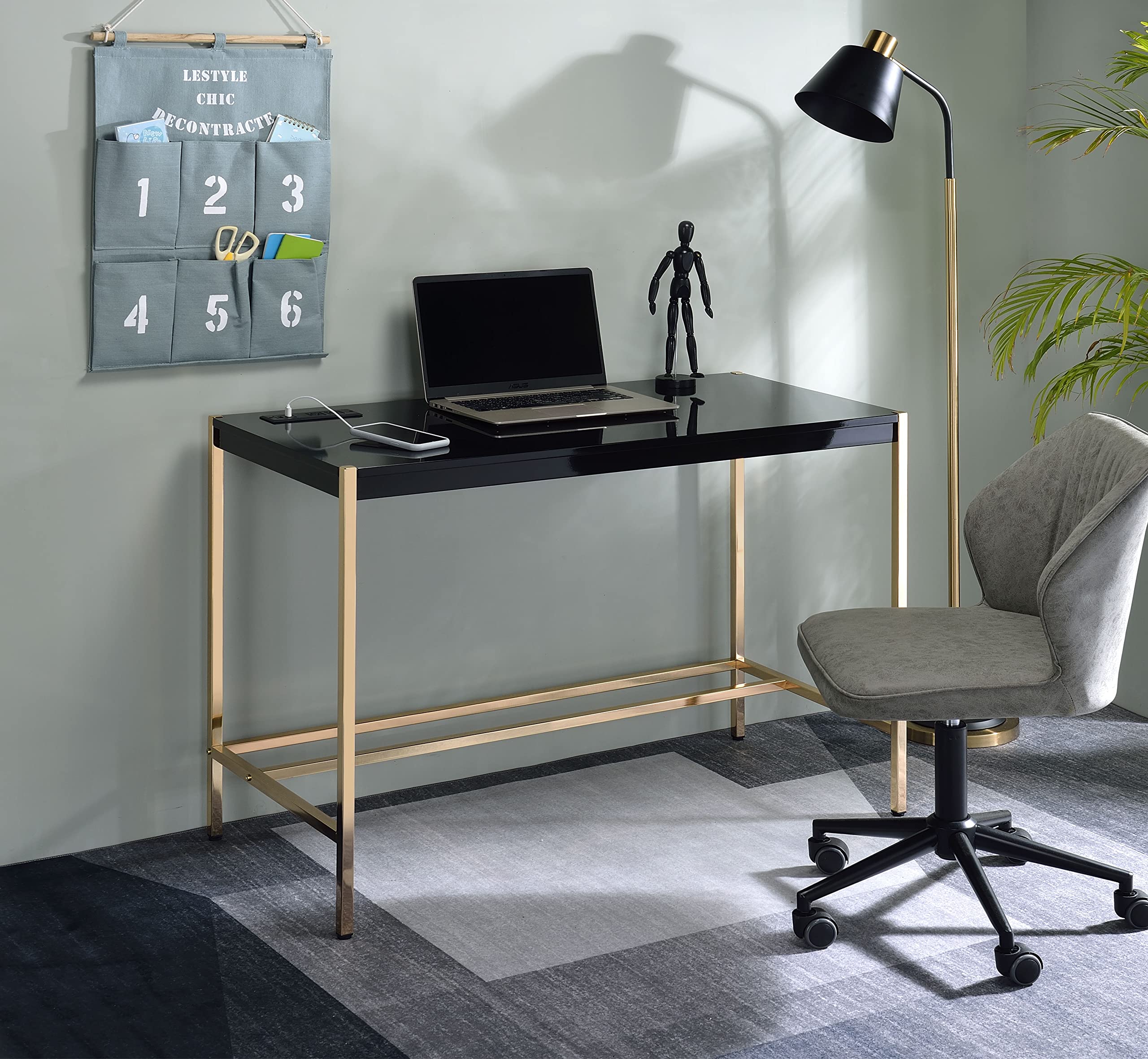 Knocbel 42 Inch Modern Writing Desk with USB Port - Home Office Computer Desk, Vanity Dressing Table with Sturdy Metal Frame, High Gloss Black & Gold Finish for Small Spaces, Bedroom or Study Room