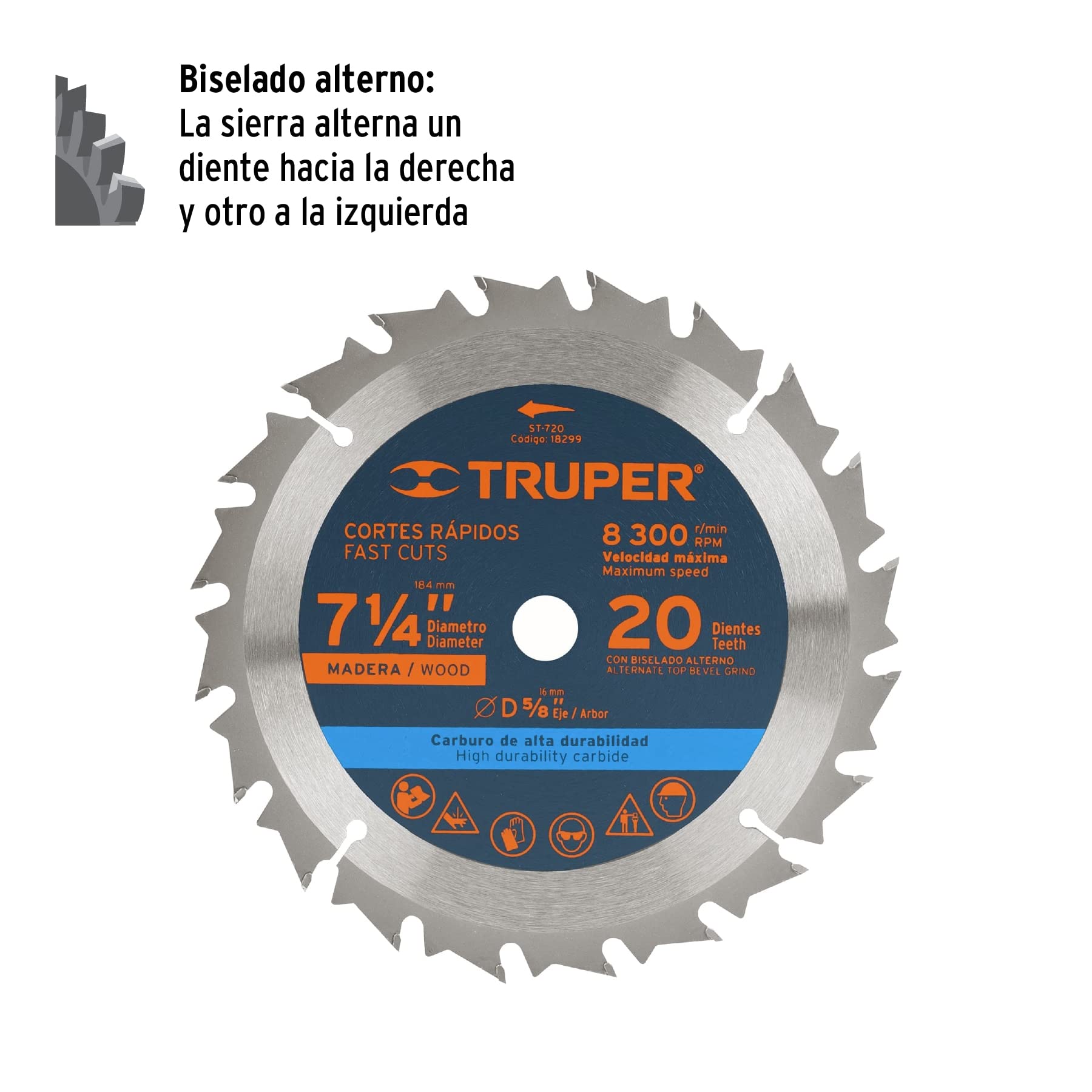 TRUPER ST-720 7 1/4 Inch Wood Cutting Saw Blade - 20 Teeth with 5/8 Inch Arbor - Perfect for DIY Projects, Woodworking, and Home Renovations