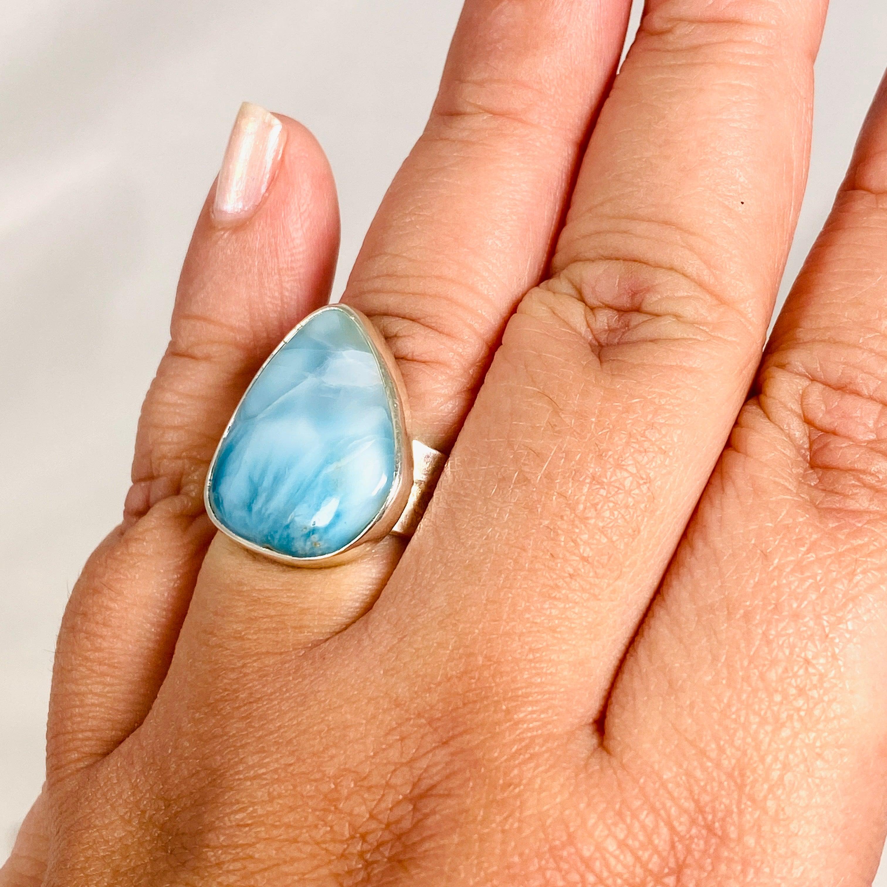 Larimar Triangular Ring with Hammered Band - Size 11 Sterling Silver Jewelry KRGJ3100 | Perfect for Boho Fashion, Beach Weddings & Unique Gift Giving