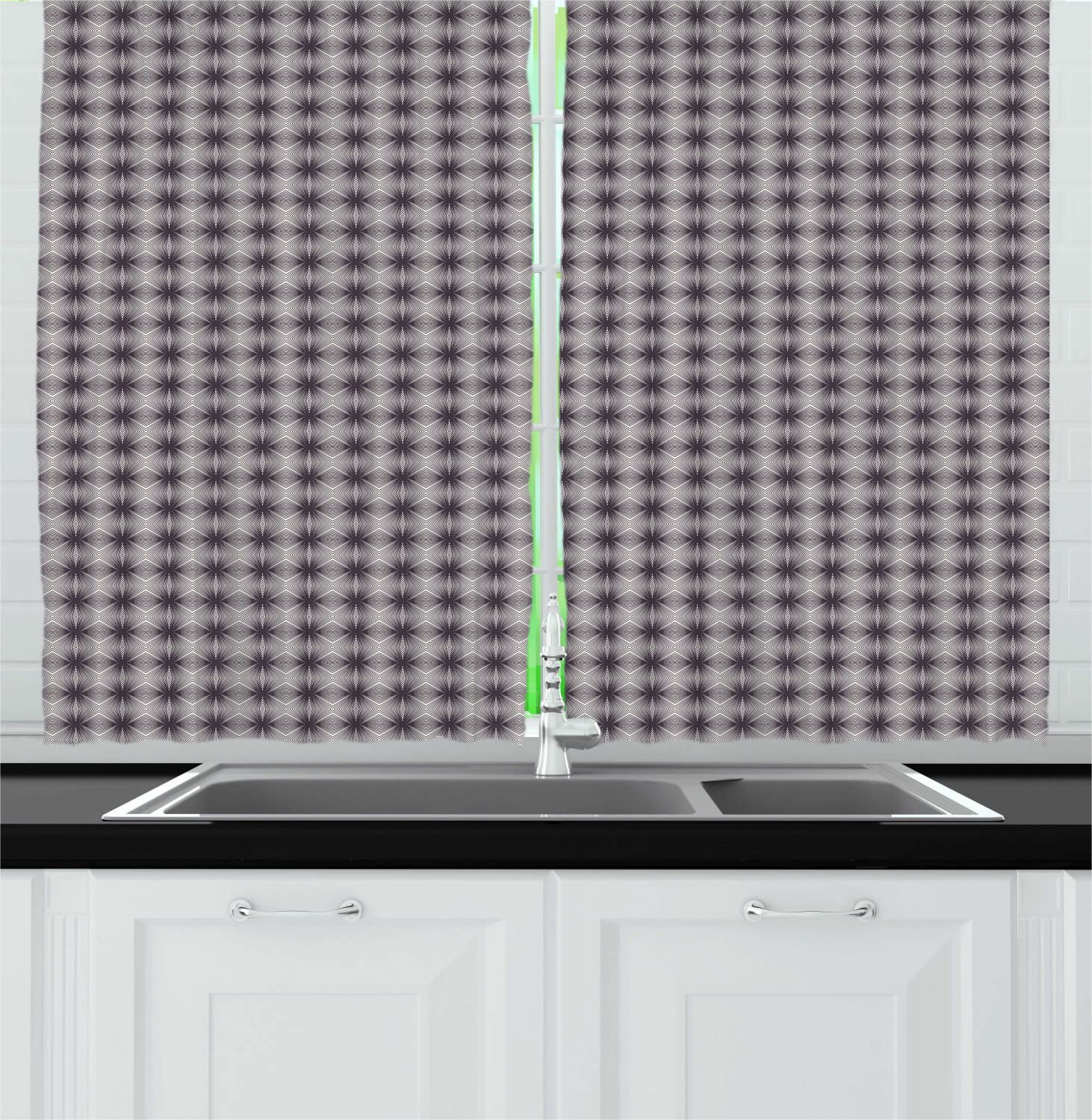 Ambesonne Abstract Long Kitchen Curtains - Geometric Minimalist Diagonal Stripes Gradient Diamond Design, Retro Style Rod Pocket Drapes (Set of 2 Panels) 55