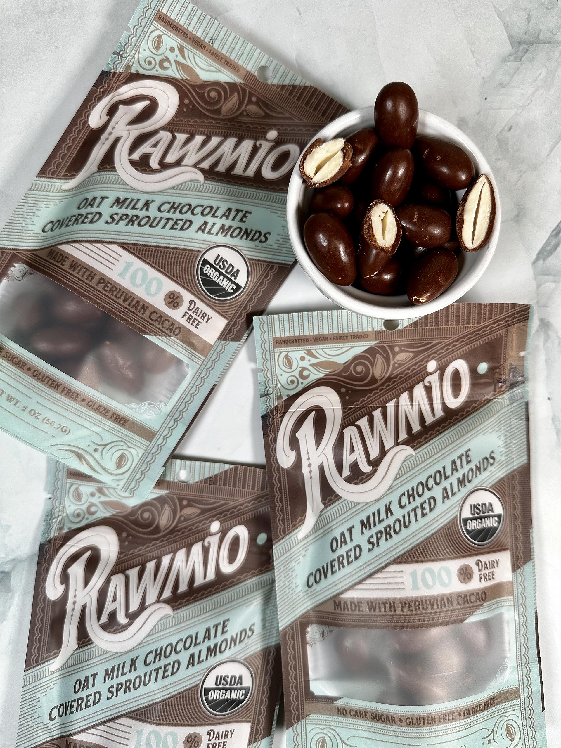 Organic Rawmio Oat Milk Chocolate Covered Sprouted Almonds - Vegan, Gluten-Free, Non-GMO Snack - 3 Pack (2 oz Each) - Perfect for Healthy Desserts, Gifts & On-the-Go Nutrition