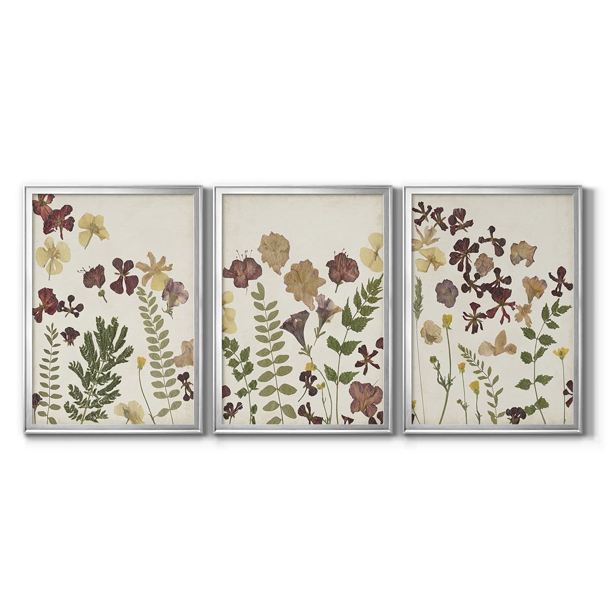 Silver Framed Canvas Wall Art Set - 3-Piece Floral & Animal Pressed Flower Arrangement (18x24 Inches Each) | Italian Art Deco Style for Living Room Décor | Perfect for Home, Office & Gift Giving