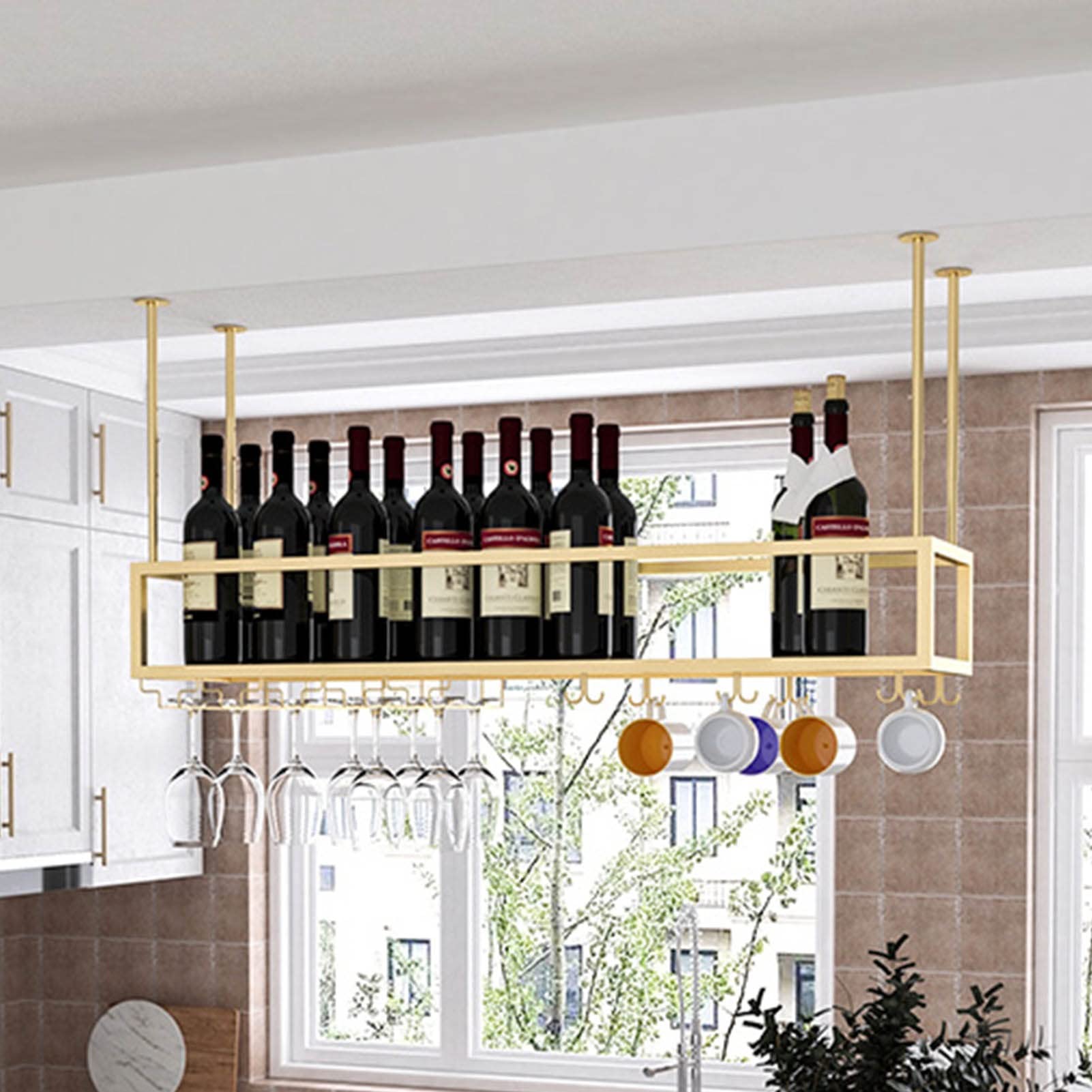 Gold Adjustable Ceiling Hanging Wine Rack - 60x25x21cm Upside Down Glass & Bottle Storage Holder for Stemware, Goblets & Champagne - Perfect for Kitchen, Bar, Restaurant & Wine Cellar Organization