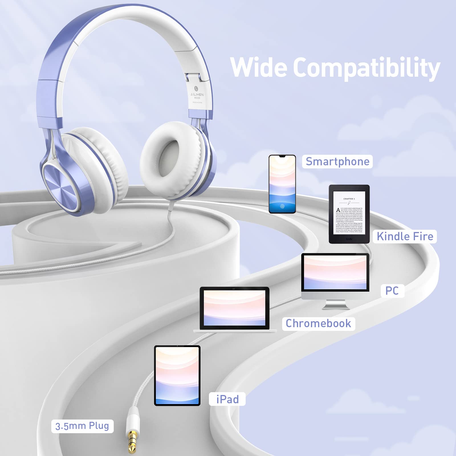 Ailihen MS300 Wired Headphones with Microphone - 3.5mm Jack Foldable Lightweight Headset for Chromebook, Laptop, Computer & Smartphone - Perfect for Online Classes, Gaming & Music (Violet)