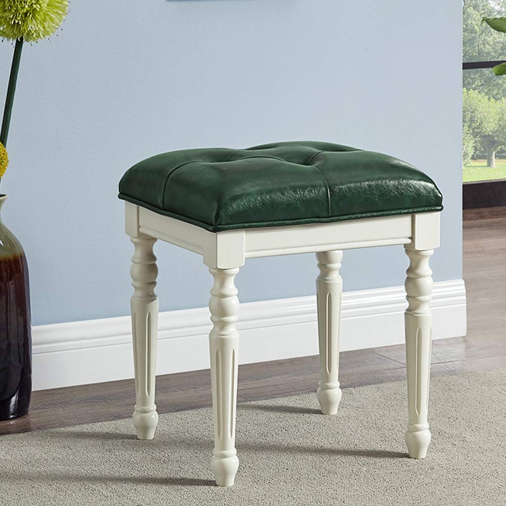 **Green Solid Wood Vanity Stool with Leather Cushion - 37x42x48cm Makeup Bench, Bedroom Stool, Shoe Changing Stool for Girls & Household Use - Perfect for Dressing Table, Bedroom Decor & Entryway**
