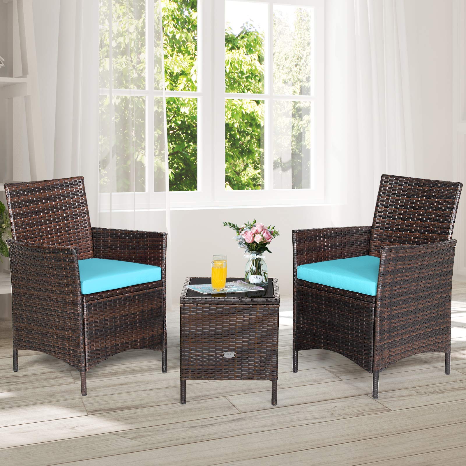 RELAX4LIFE 3-Piece Outdoor Patio Furniture Set - PE Rattan Wicker Sofa with Glass Coffee Table & Weather-Resistant Cushions - Turquoise Conversation Set for Poolside, Balcony, Backyard, Lawn or Porch | Perfect for Entertaining Guests or Relaxing in Your Outdoor Space