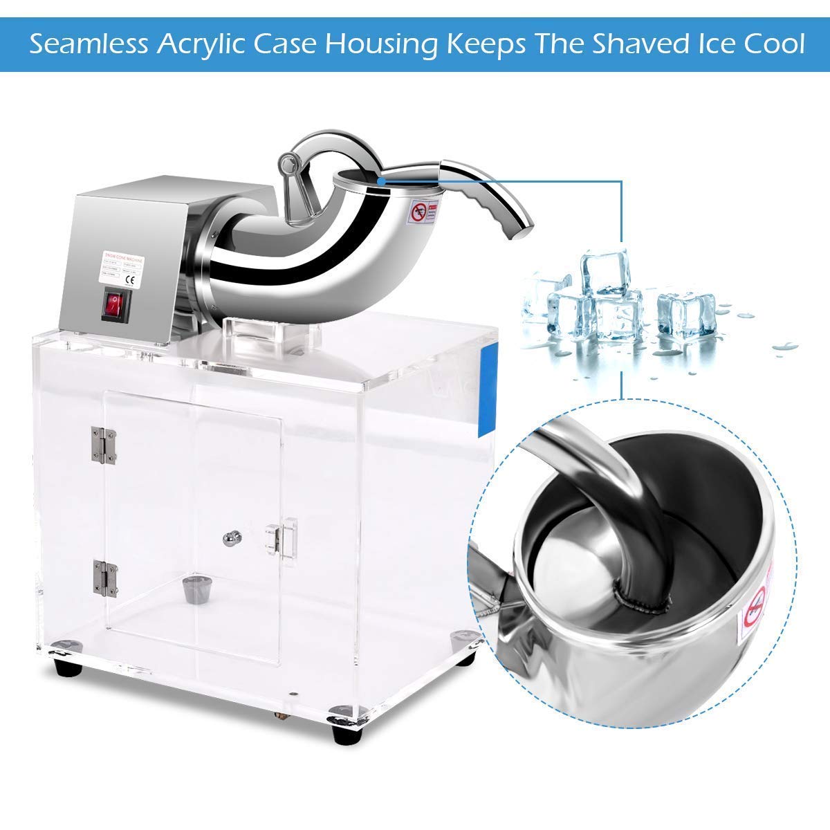 Commercial Snow Cone Machine - 440lbs/H Stainless Steel Electric Ice Shaver with Dual Blades & Safety Switch - Large Acrylic Box - Perfect for Home, Restaurants, Bars, Parties & Summer Events