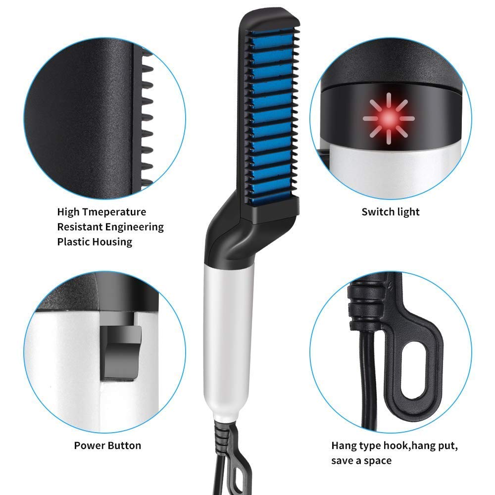 Boriva Quick Hair Styler for Men - Electric Beard Straightener & Massage Comb - Multifunctional Curly Hair Straightening Comb & Curler - Perfect for Beard Grooming, Styling & Hair Care at Home or Travel