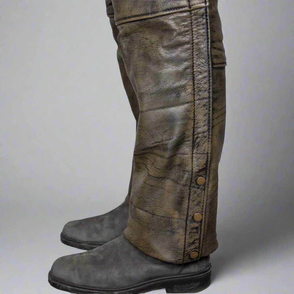 Open Road Men's Distressed Brown 4-Pocket Premium Leather Chaps for Motorcycle Riding, Biker Fashion & Cowboy Style
