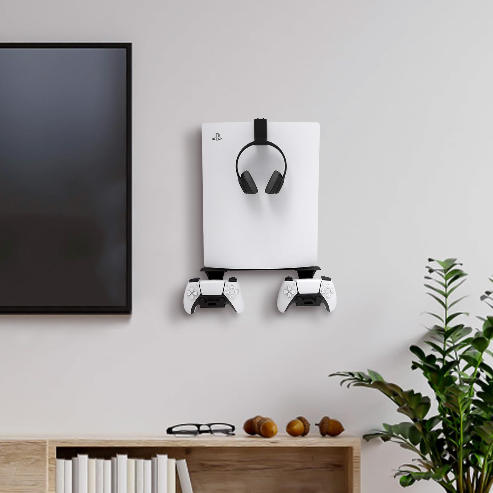 PS5 Wall Mount Bracket - Adjustable Length & Width for PS5, PS5 Pro & PS5 Slim Disc Edition | Secure Wall Shelf with Dual Controller Holder | Perfect for Gaming Room & Bedroom Setup