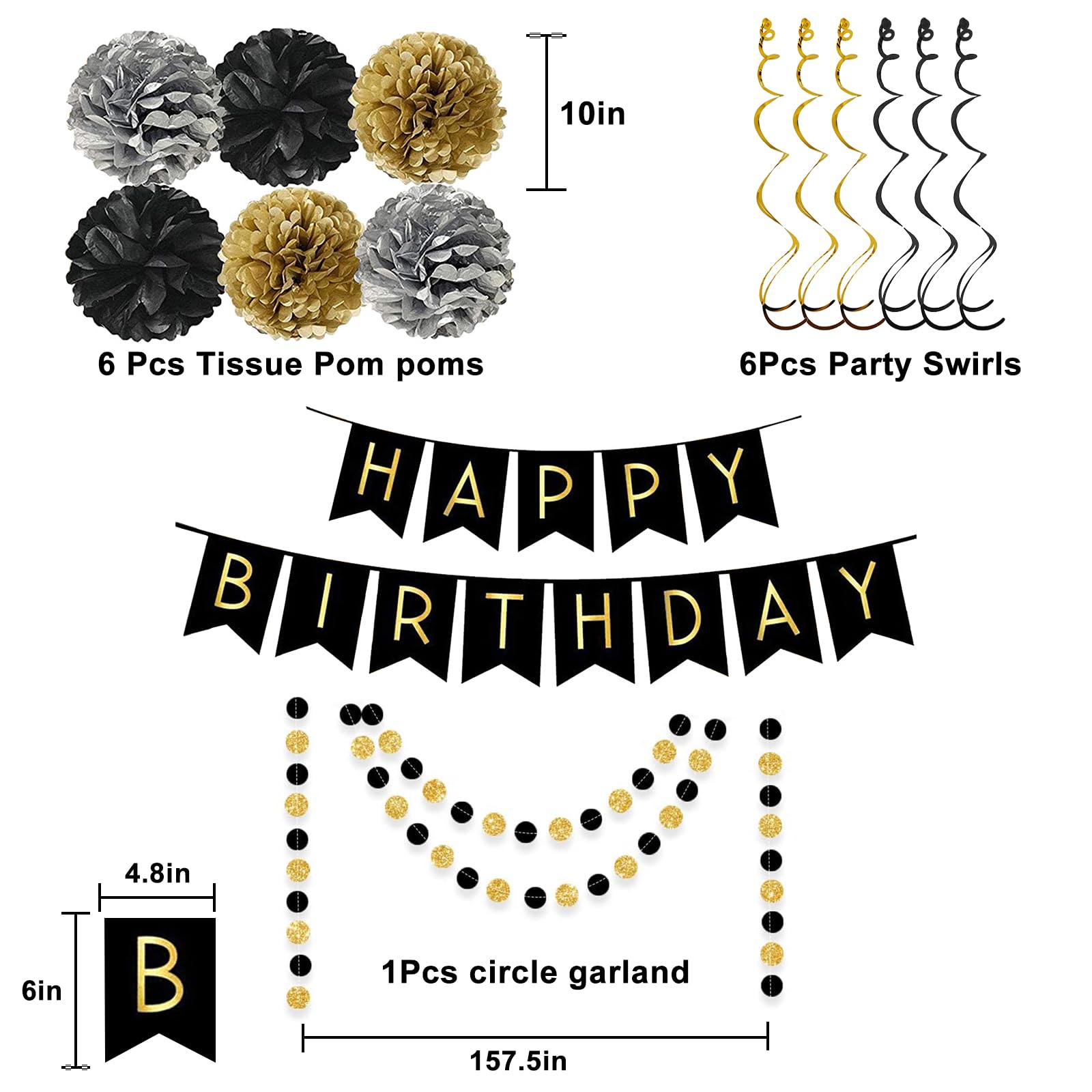 Black Gold Birthday Decorations Set - Happy Birthday Banner with Pom Poms, Triangle Bunting Garland & Swirl Streamers for Men's Party Supplies | Perfect for Adult Birthday Parties, Anniversary Celebrations & Gender Reveal Events