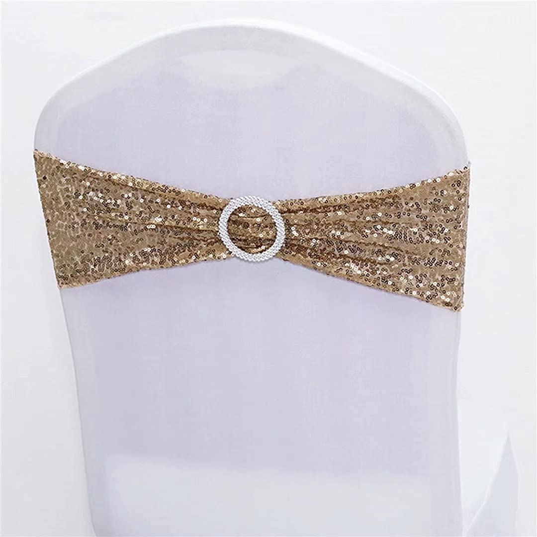 100pcs Champagne Sequin Chair Sashes - Stretch Spandex with Buckle for Wedding, Banquet, Birthday, Graduation, Party Decor | Elegant Chair Bands for Anniversary, Prom & Celebration Decorations | Perfect for Indoor & Outdoor Events