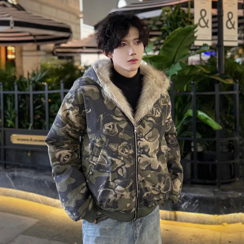 2024 Fashion Men's Winter Camouflage Hooded Jacket with Zipper & Contrast Color Patchwork - Outdoor Hunting, Hiking & Casual Wear (Style 9C9020)