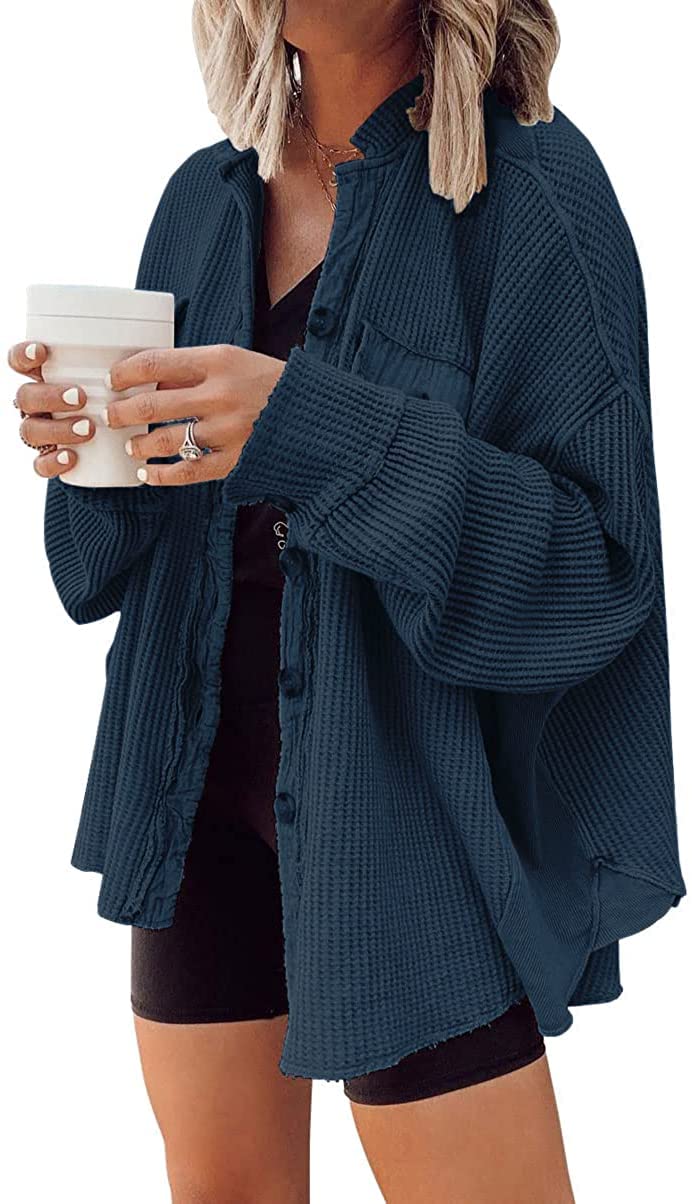 Women's Loose Fit Batwing Sleeve Waffle Knit Button Down Shirt Shacket - Casual Oversized Top for Fall & Winter Layering, Workwear & Street Style Outfits