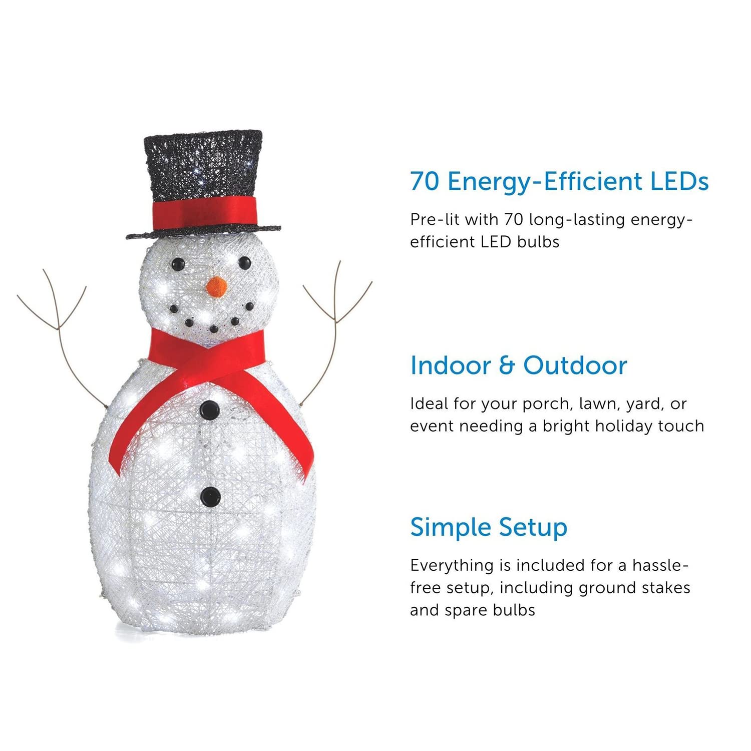 Pre-Lit Metal Snowman Christmas Decoration with LED Lights & Top Hat - Outdoor Holiday Lawn Ornament with Red Scarf - Perfect for Front Yard Decor, Winter Festivals & Christmas Light Displays