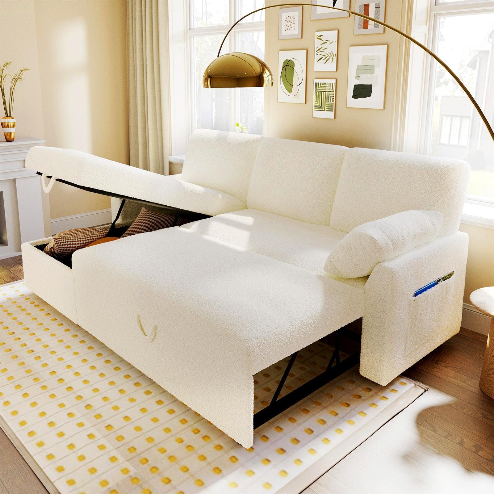 L-Shaped Sleeper Sofa with Storage Chaise - Convertible Pull-Out Couch Bed, Oversized Sectional for Living Room - Off-White Sherpa Fabric | Perfect for Small Spaces, Guest Rooms & Apartments